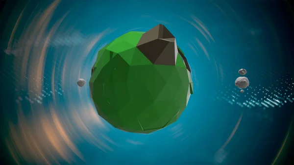 Cartoony low poly Earth is floating over blue background with dense magnetic waves all around, — Stock Photo, Image