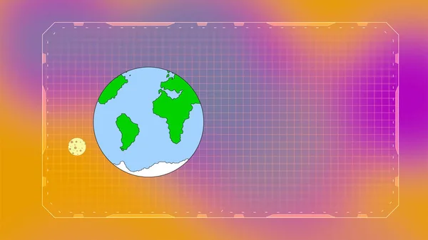 Lua dos desenhos animados orbitando planeta plano sobre fundo hud com ondas magnéticas densas ao redor , — Fotografia de Stock