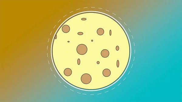 Cartoon moon looking like cheese, turning over bokeh yellow-blue background.