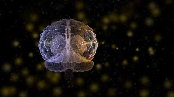 3D-Bild des Gehirns, das neue Ideen in einer Welt aus hellen Bokeh-Blasen auf schwarzem Hintergrund schafft. — Stockfoto