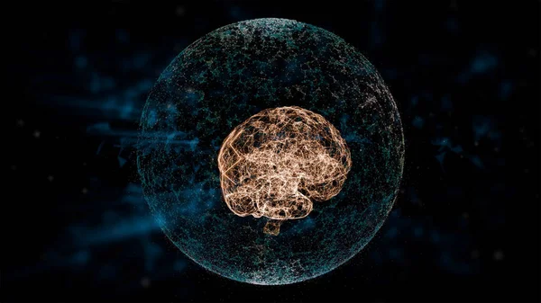 知的財産権の概念。緑のぼやけたプレキシスで暗い背景の上に保護球の中に浮かんでいる3Dレンダリング脳. — ストック写真