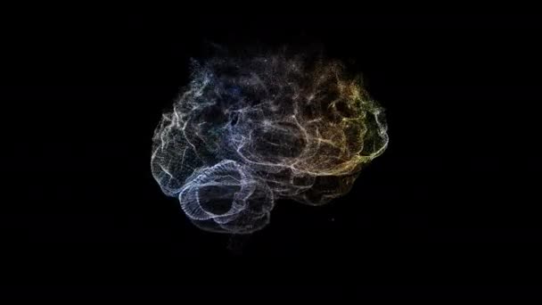 Siyah bir arkaplanda yüzen ve patlayan parlak parçacıklardan soyut insan beyni. — Stok video