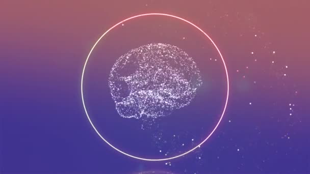 Structure cérébrale abstraite éclairante tournant à l'intérieur de l'anneau lumineux sur fond rose-bleu .