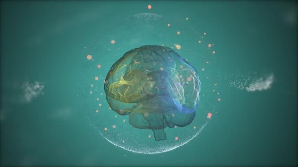 Intellectual property concept. Animated brain floating among golden bokeh particles inside protection sphere over green background. — Stock Video