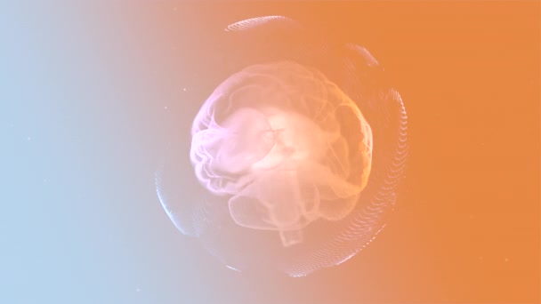 Anatomie cérébrale. Cerveau humain réaliste tournant à l'intérieur capsule transparente sur fond orange vif .