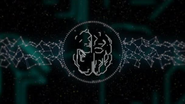 Animation mit künstlicher Intelligenz. Digitales Gehirn im Leiterplattendesign, das über Matrix-Hintergrund glüht. — Stockvideo
