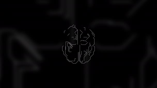 人工知能アニメーション。回路基板の設計におけるデジタル脳は輝き、黒の輝く背景に衝撃を与えます. — ストック動画