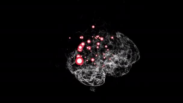 Abstrakt rotation av mänsklig hjärna med röda bokeh partiklar som visar infekterade delar. — Stockvideo