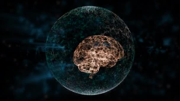 Koncepcja własności intelektualnej. Animowany mózg unoszący się wewnątrz sfery ochronnej na ciemnym tle z zielonym rozmytym splotem. — Wideo stockowe