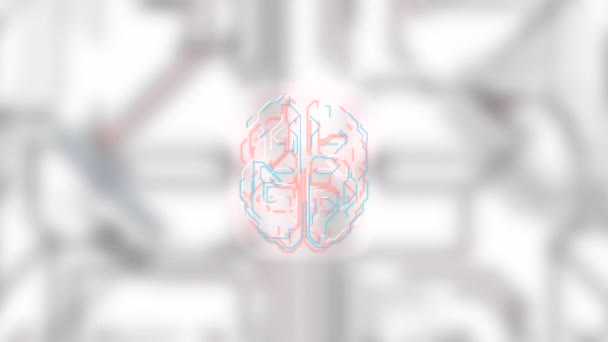 マインドフルコンセプト。ぼやけたマザーボードの光背景の上のフードスタイルの脳構造. — ストック動画