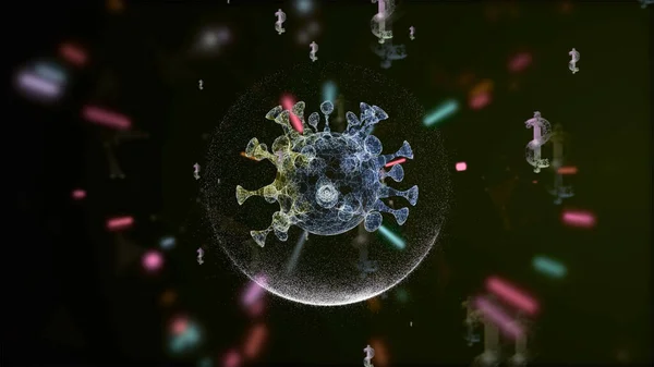 3D візуалізація мікробів всередині прозорої бульбашки, атакованої лазерними частинками на темному тлі з піктограмами долара, що плавають навколо . — стокове фото