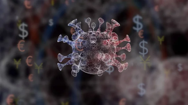 달러, 유로, 엔 화 아이콘이 떠다니는 어두운 배경 위에 세균을 3D 렌더링하는 일. — 스톡 사진