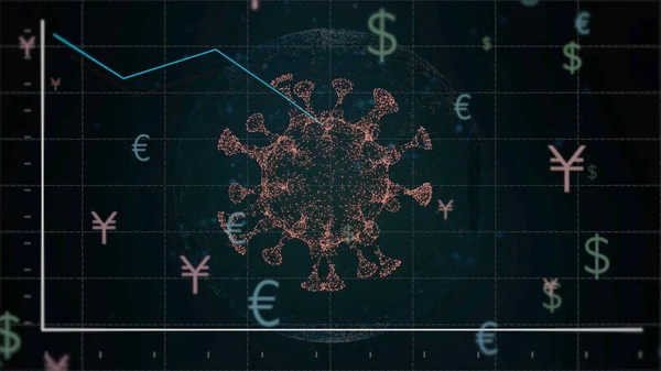 Virus affectant la monnaie. Les fluctuations du dollar, de l'euro et du yen dans l'espace du virus 3D rendent sa propagation rapide dans le monde entier . — Photo