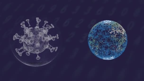 3D gerenderter Antikörper im Kampf gegen eine fremde Viruszelle über dunklen Datenhintergrund. — Stockvideo