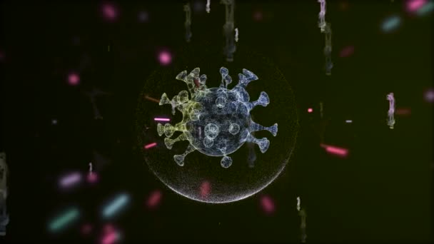 Animação 3d de germe dentro de uma bolha transparente atacada por partículas de laser sobre fundo escuro com ícones de dólar flutuando ao redor . — Vídeo de Stock
