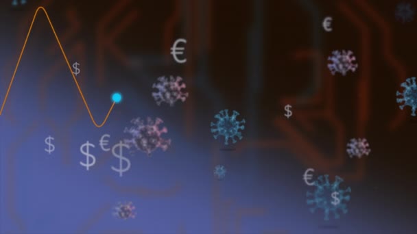 Virus que afecta a la moneda. Las fluctuaciones del dólar, el euro y el yen en el espacio del virus se propagan rápidamente por todo el mundo . — Vídeos de Stock