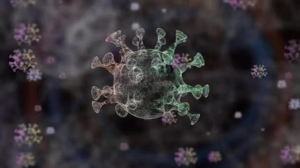 Ταχεία μετάλλαξη διαφορετικών ιών που χορεύουν πάνω σε αφοδευμένο σκοτεινό φόντο. — Αρχείο Βίντεο