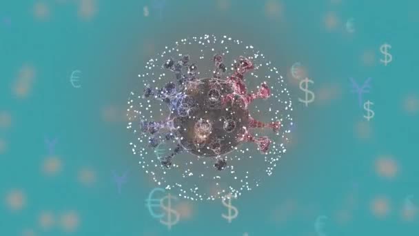 Digital erzeugte Dollar-, Euro- und Yen-Zeichen gegen futuristischen Bildschirm, auf dem das Virus wächst. — Stockvideo
