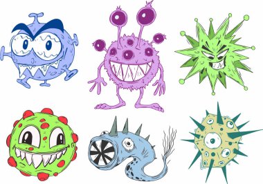 Creative set of funny toothy viruses in cartoon colorful style.
