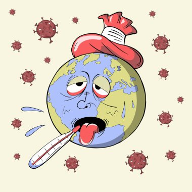 Illustration of Earth with thermometer in mouth over the background full of dangerous viruses.