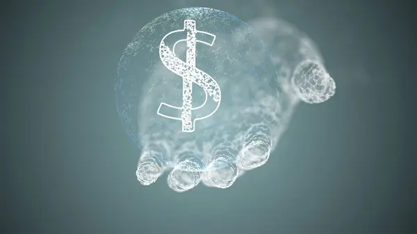 三维渲染美元符号锁定在一个透明的地球上的人的手. — 图库照片