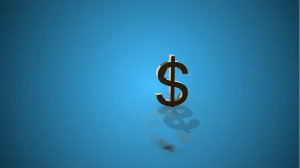 Golden dollar icon with its reflection over blue background.