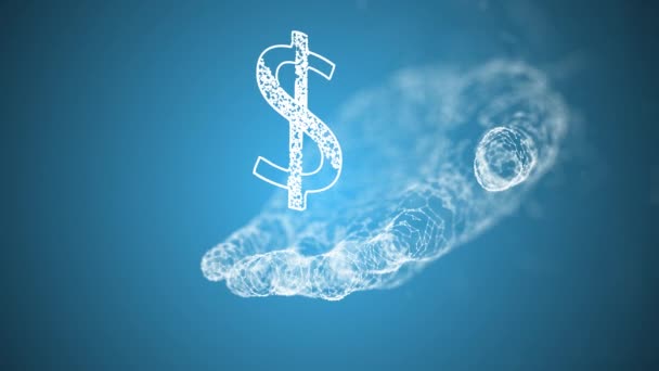 Dollar symbool op menselijke palm draaien rond over blauwe achtergrond in plexus stijl. — Stockvideo