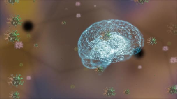 Disease spreadig on brain. 3d animation of brain surrounded with viruses floating isolated on blurred background. — Stock Video