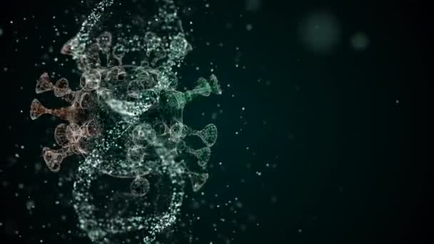 3D-animering av virusattacker dna roterar över svart slagfält. — Stockvideo