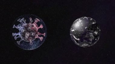 Siyah arkaplan üzerinde yan yana yüzen soyut gezegen ve virüs hücresi.