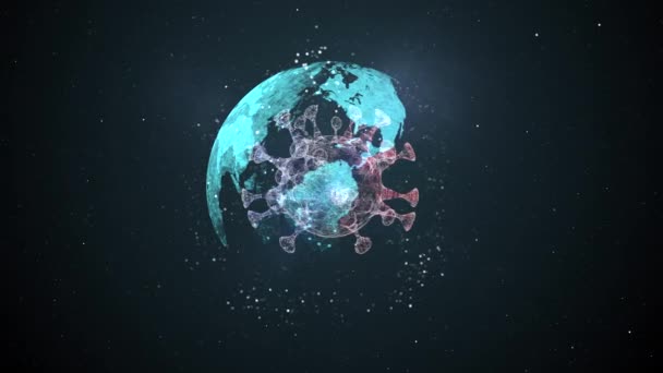 Infected planet fighting against virus in illumination over dark background. — Stock Video