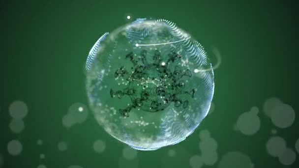 Virus dangereux flottant et croissant sur fond vert avec bokeh lumineux déconcentré .