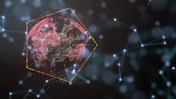 Comment vous protéger du virus. Cellule virale lumineuse verrouillée à l'intérieur d'un cadre hexagonal sur fond de particules numériques . — Video
