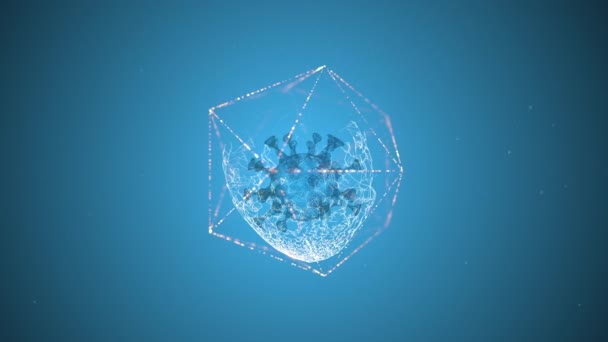 바이러스로부터 자신을 보호하는 방법. 파란색 배경 위에 육각형 틀 안에 갇혀 있는 발광하는 바이러스 세포. — 비디오