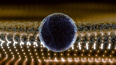 3 boyutlu ışıldayan arkaplan ve elektrik hatları merkezde mavi parçacıklar olan bir küreye enerji iletiyor.