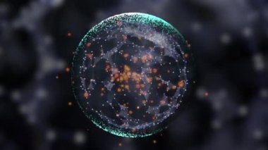 Yüzen şeffaf küre, yanan parlak parçacıklar ve sihirli tozlar arka planda dalgalanıyor..