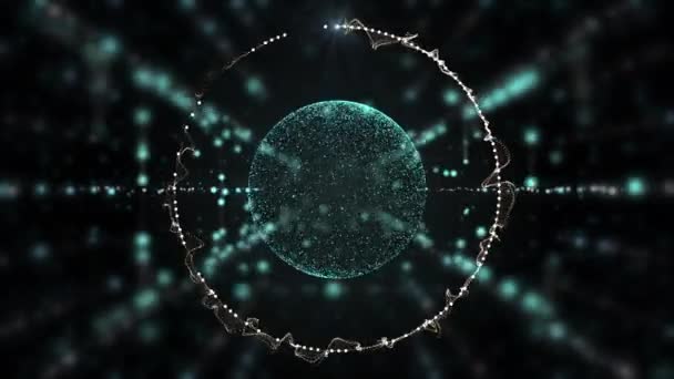 Schwebender transparenter Globus mit feurig leuchtendem Kreis im magischen Staubkorridor vor dunklem Hintergrund. — Stockvideo
