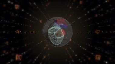 3D holografik kalp, geleceğin tünelinde, küp çerçeveler etrafında dönüyor..