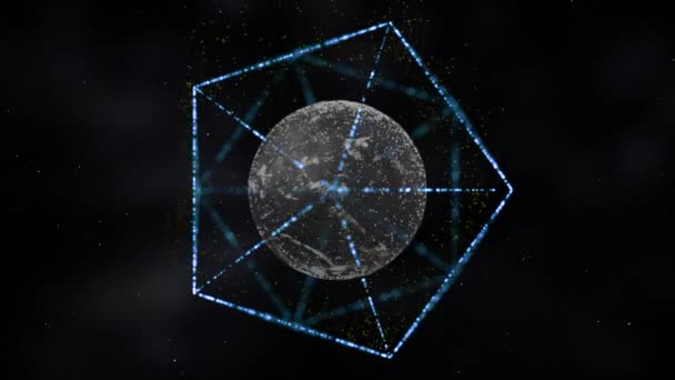 Vzdálená planeta ve vesmíru uzamčená uvnitř osvětlujícího šestiúhelníkového rámu ve vesmíru. — Stock video
