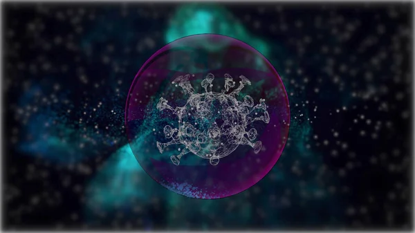3 boyutlu virüs hücresi, sönmüş yıldızlı arka plan üzerinde mor bir baloncuğun içinde.