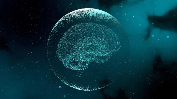 3D görüntüleme yapay beyin modeli sisli arkaplan üzerinde şeffaf küre içinde nöro uyarılar veriyor. — Stok fotoğraf