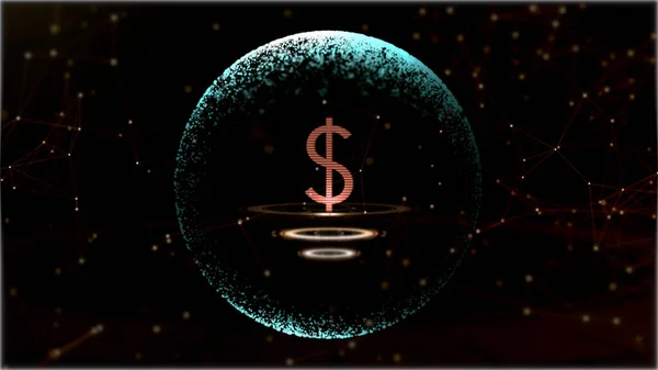 3D σύμβολο δολάριο αποτύπωσης επιπλέει πάνω από hud πλατφόρμα στυλ μέσα σφαίρα στο χώρο. — Φωτογραφία Αρχείου
