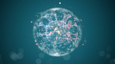 Nebula arkaplanı üzerinde alfa kanalı olan şeffaf kürenin içinde oluşan 3D virüs oluşturucu.