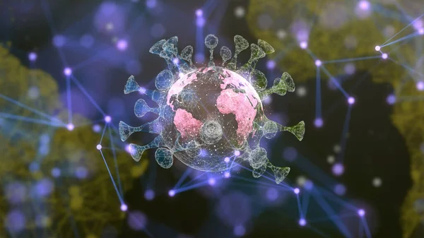 Virus futuristico che ruota con il pianeta terra assorbito all'interno. Coronavirus diffuso in tutto il mondo concetto . — Foto Stock