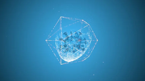 Πώς να προστατευτείς από τον ιό. Φωτίζοντας κύτταρο ιού κλειδωμένο μέσα σε ένα εξάγωνο πλαίσιο πάνω από μπλε φόντο. — Φωτογραφία Αρχείου