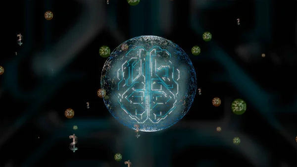 緑と赤のアニメーションウイルスで攻撃された透明な球の中の人間の脳のビューを3Dで. — ストック写真