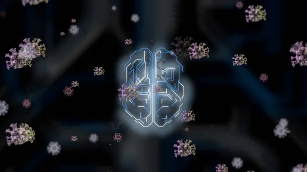 3d 에서 녹색 및 적색 애니메이션 바이러스로 공격을 받은, 투명 한 전구 안에 있는 훗의 뇌의 모습. — 스톡 사진