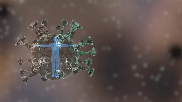Renderização 3D do corpo humano girando dentro de uma célula de vírus sobre o fundo abstrato desfocado . — Fotografia de Stock