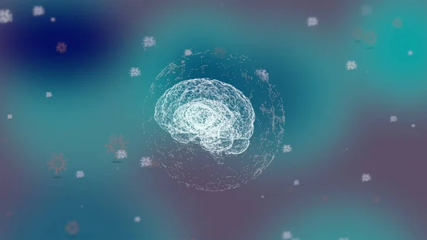 3D-Darstellung gefährlicher Viruszellen, die menschliches Gehirn und Nervensystem infizieren. — Stockfoto