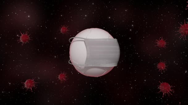 Ziemia pod kwarantanną. 3D renderowania planety noszenie maski medycznej obracające się w zakażonej przestrzeni z czerwonymi wirusami unoszącymi się wszędzie. — Wideo stockowe